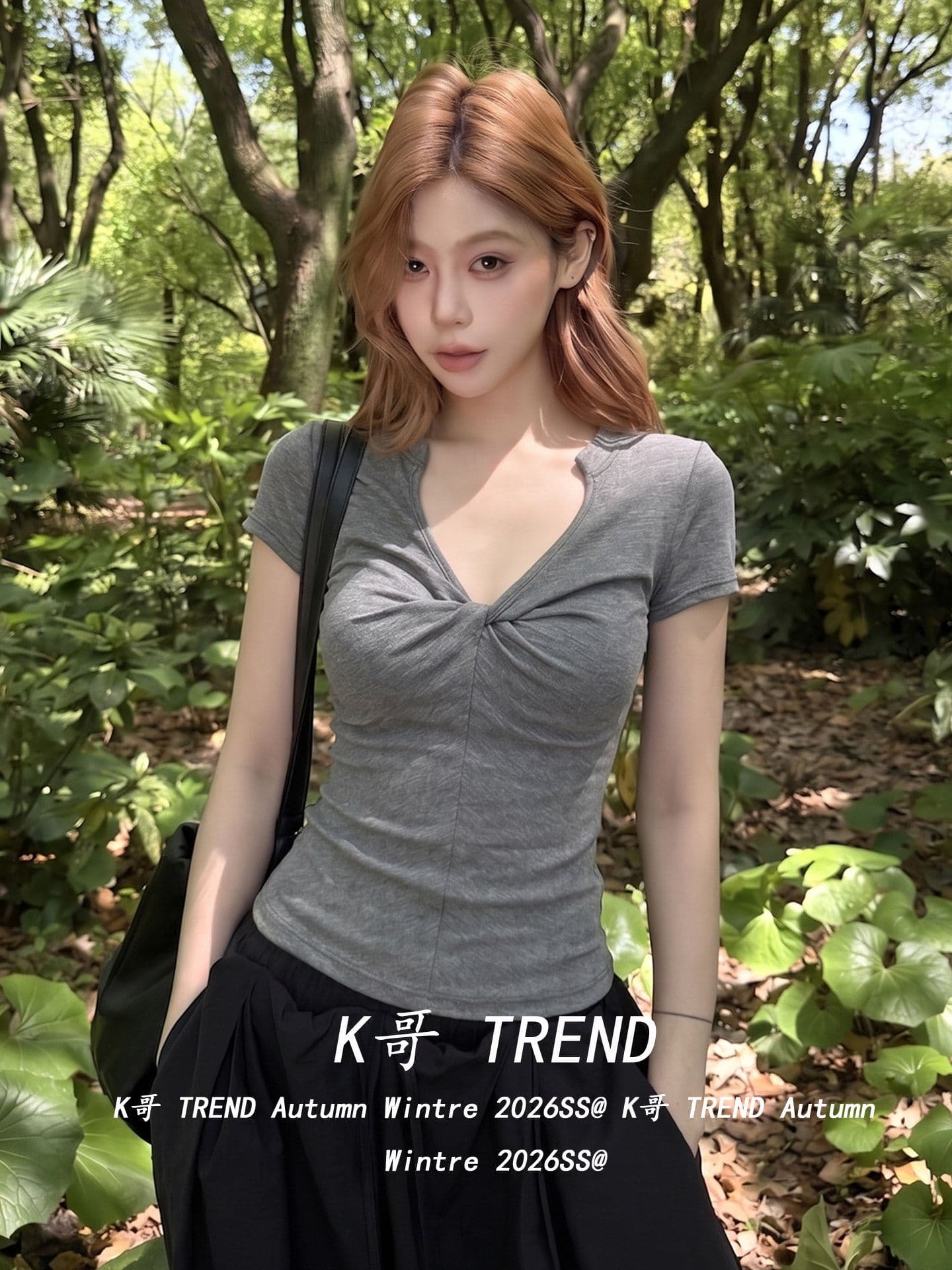 회색 V넥 비틀림 반팔 티셔츠 여성 여름 디자인 센스 작은 대중 핫걸 몸매 가꾸기 슬림해 보이는 맨위 상세 이미지 1