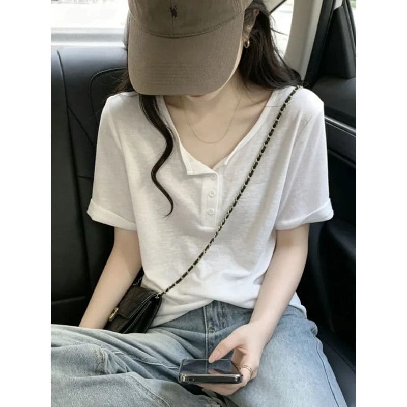 화이트 느긋한 바람 루즈핏 반팔 티셔츠 여성 Z아 어깨 디자인 센스 캐주얼 맨위