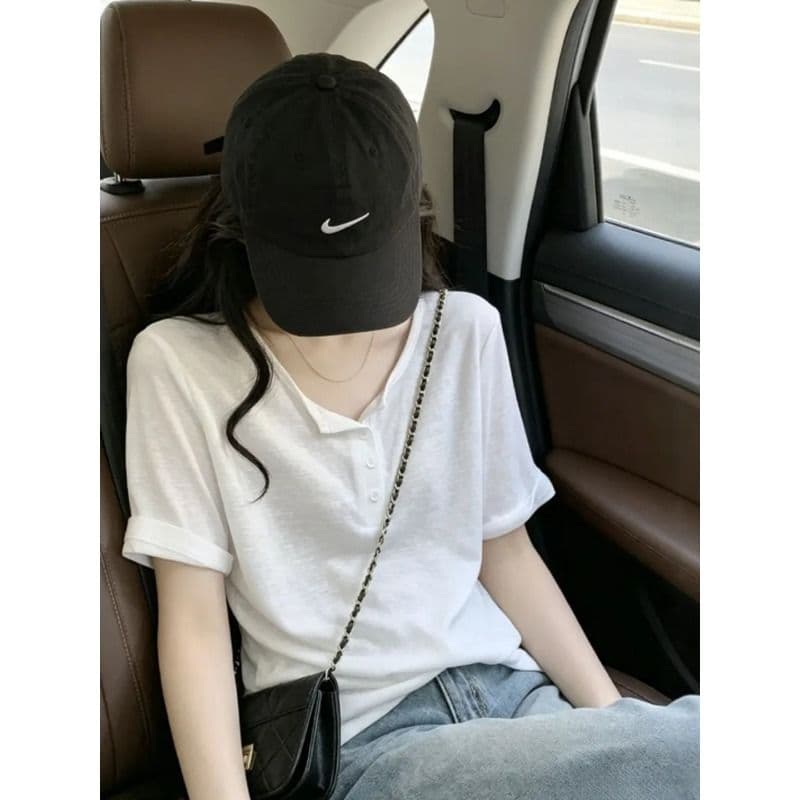 화이트 느긋한 바람 루즈핏 반팔 티셔츠 여성 Z아 어깨 디자인 센스 캐주얼 맨위 이미지 2