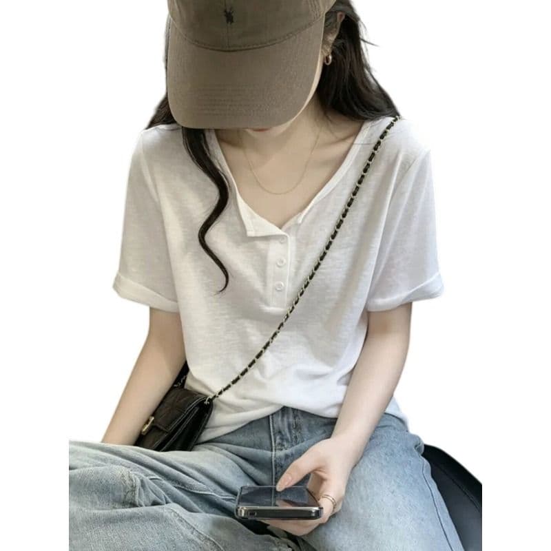 화이트 느긋한 바람 루즈핏 반팔 티셔츠 여성 Z아 어깨 디자인 센스 캐주얼 맨위 이미지 5