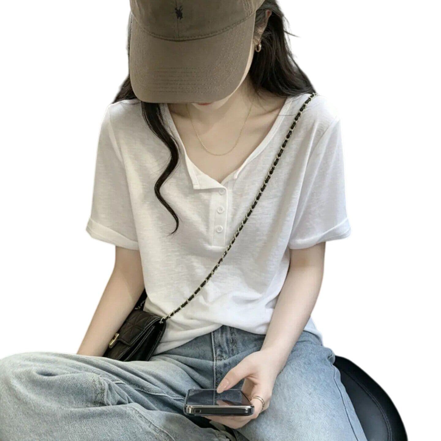화이트 느긋한 바람 루즈핏 반팔 티셔츠 여성 Z아 어깨 디자인 센스 캐주얼 맨위 상세 이미지 5