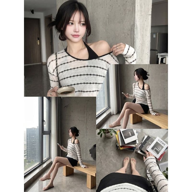 흑백 줄무늬 비스듬한 어깨 자외선 차단 블라우스 긴팔 티셔츠 여성 여름 느긋한 바람 얇은 스타일 맨위 이미지 2