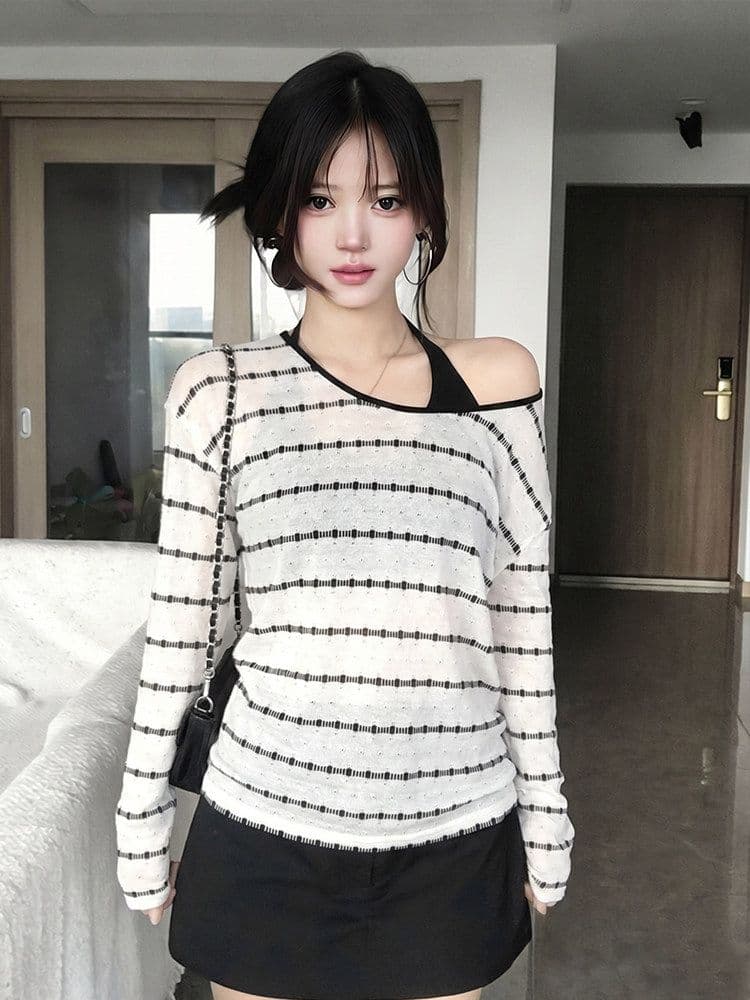 흑백 줄무늬 비스듬한 어깨 자외선 차단 블라우스 긴팔 티셔츠 여성 여름 느긋한 바람 얇은 스타일 맨위 상세 이미지 1