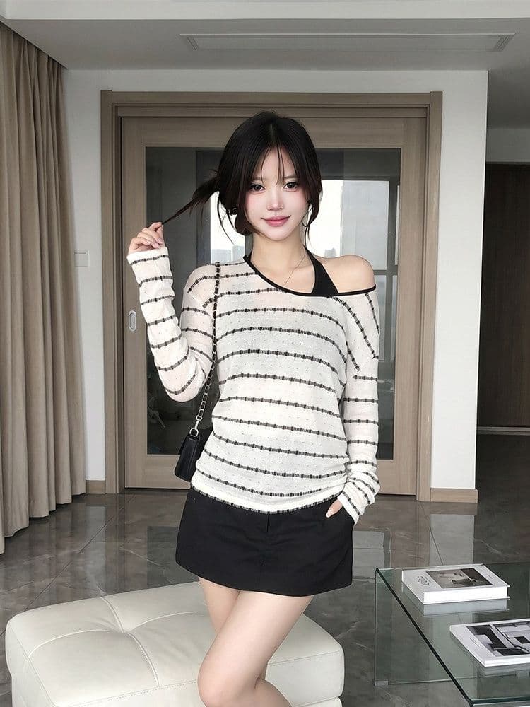 흑백 줄무늬 비스듬한 어깨 자외선 차단 블라우스 긴팔 티셔츠 여성 여름 느긋한 바람 얇은 스타일 맨위 상세 이미지 2