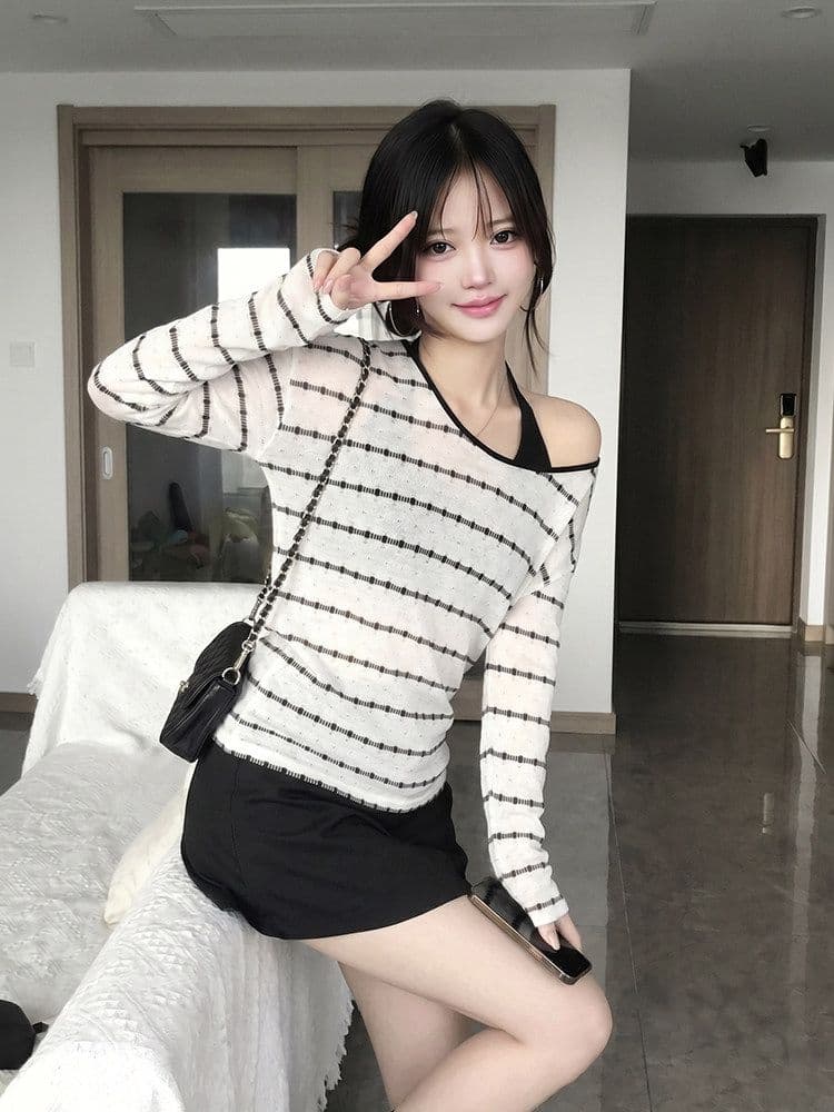 흑백 줄무늬 비스듬한 어깨 자외선 차단 블라우스 긴팔 티셔츠 여성 여름 느긋한 바람 얇은 스타일 맨위 상세 이미지 3