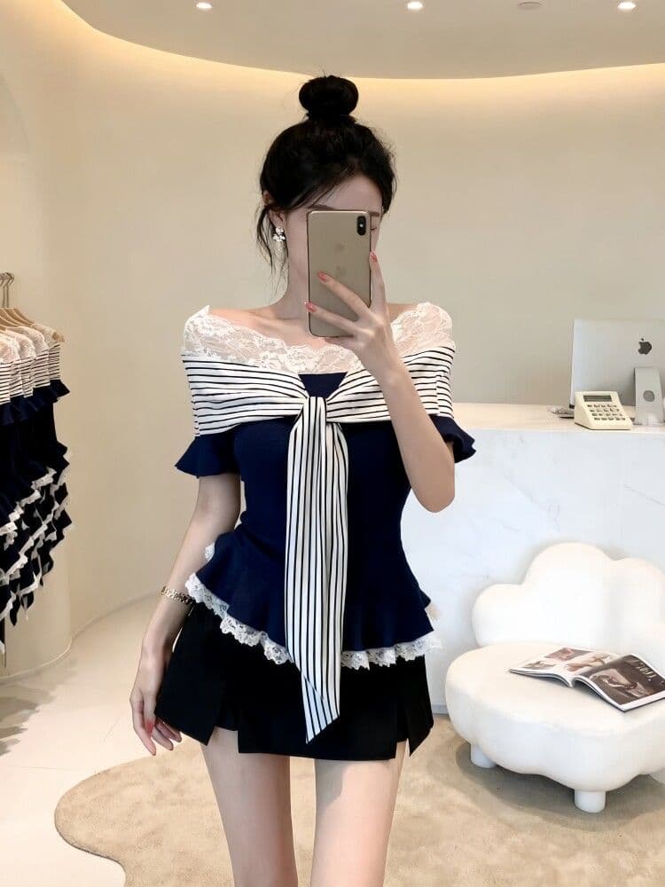 디자인 센스 레이스 레이스업 오프숄더 반팔 티셔츠 여성 여름 슬림해 보이는 오프숄더 맨위 여성 상세 이미지 3