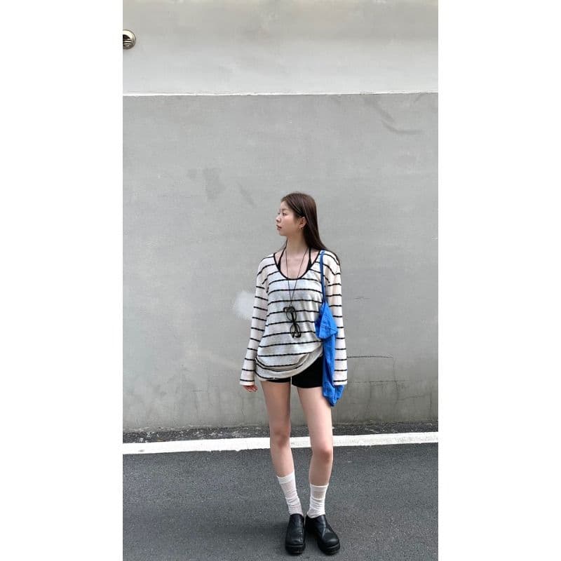 자외선 차단 블라우스 여성 여름 착용 가져 가라. 슈퍼 화재 연령 감소 긴팔 티셔츠 스트라이프 니트 맨위 이미지 3