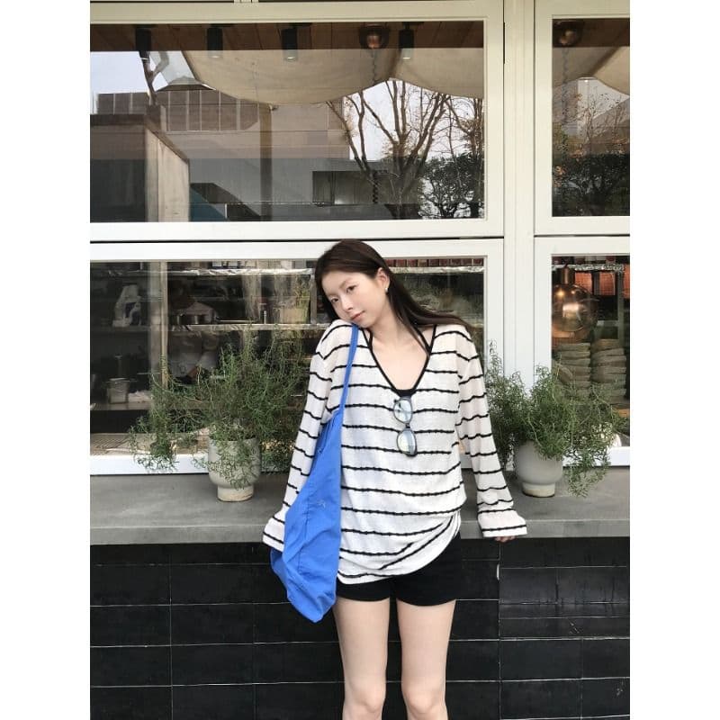 자외선 차단 블라우스 여성 여름 착용 가져 가라. 슈퍼 화재 연령 감소 긴팔 티셔츠 스트라이프 니트 맨위