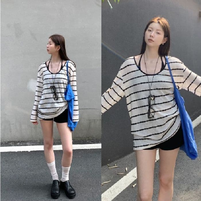 자외선 차단 블라우스 여성 여름 착용 가져 가라. 슈퍼 화재 연령 감소 긴팔 티셔츠 스트라이프 니트 맨위 이미지 4