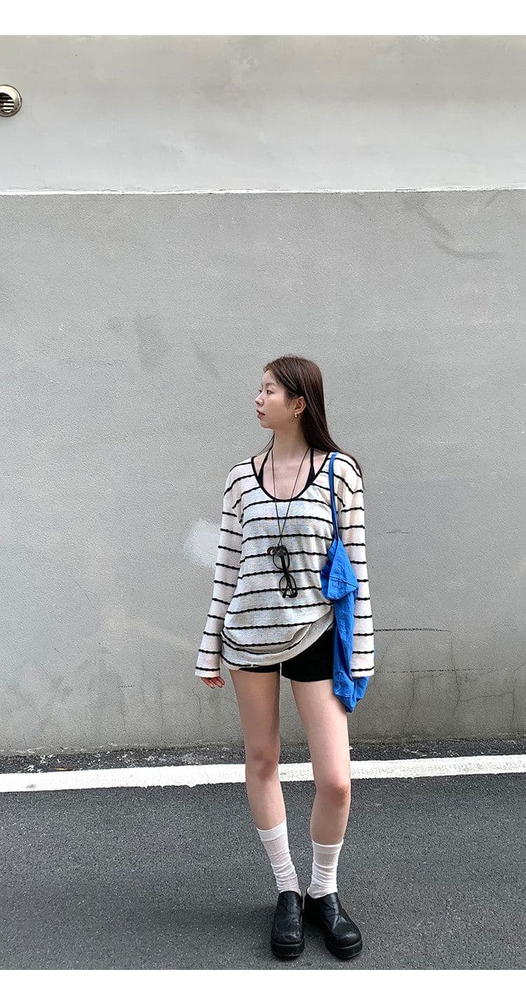 자외선 차단 블라우스 여성 여름 착용 가져 가라. 슈퍼 화재 연령 감소 긴팔 티셔츠 스트라이프 니트 맨위 상세 이미지 3