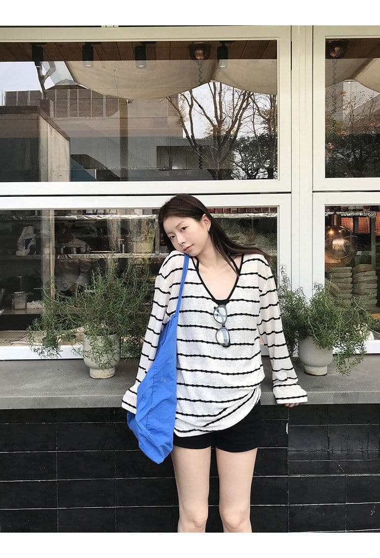 자외선 차단 블라우스 여성 여름 착용 가져 가라. 슈퍼 화재 연령 감소 긴팔 티셔츠 스트라이프 니트 맨위 상세 이미지 9