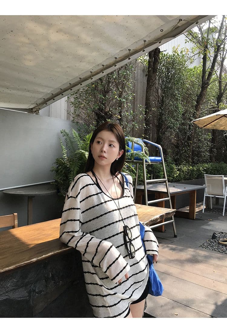 자외선 차단 블라우스 여성 여름 착용 가져 가라. 슈퍼 화재 연령 감소 긴팔 티셔츠 스트라이프 니트 맨위 상세 이미지 10