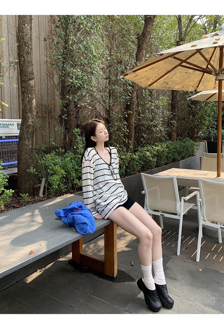 자외선 차단 블라우스 여성 여름 착용 가져 가라. 슈퍼 화재 연령 감소 긴팔 티셔츠 스트라이프 니트 맨위 상세 이미지 11