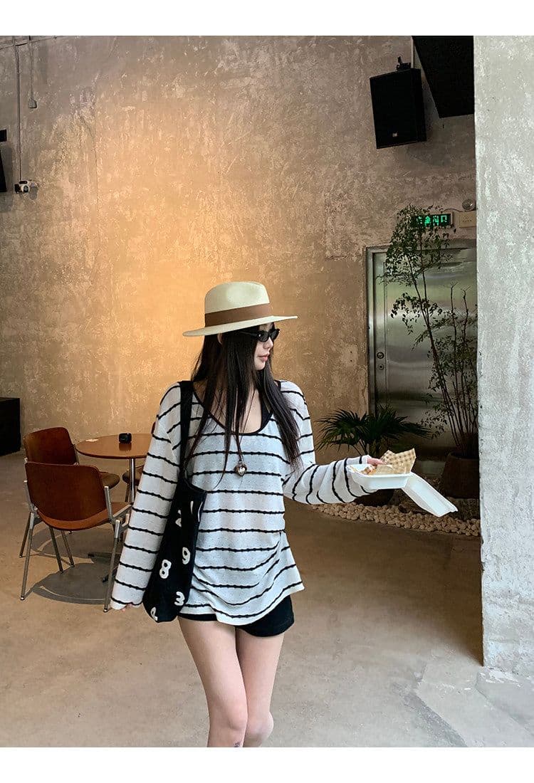 자외선 차단 블라우스 여성 여름 착용 가져 가라. 슈퍼 화재 연령 감소 긴팔 티셔츠 스트라이프 니트 맨위 상세 이미지 19