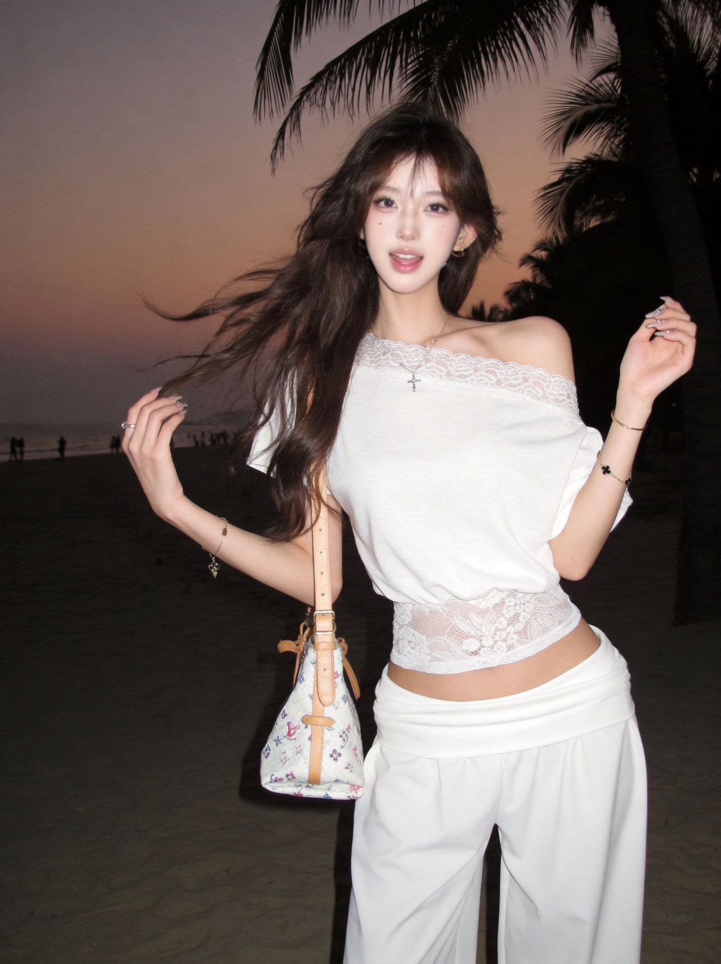 순수한 욕망 바람 레이스 조각 비스듬한 어깨 허리 수축 반팔 티셔츠 맨위 여성 여름 조수 브랜드 여성 의류 상세 이미지 1