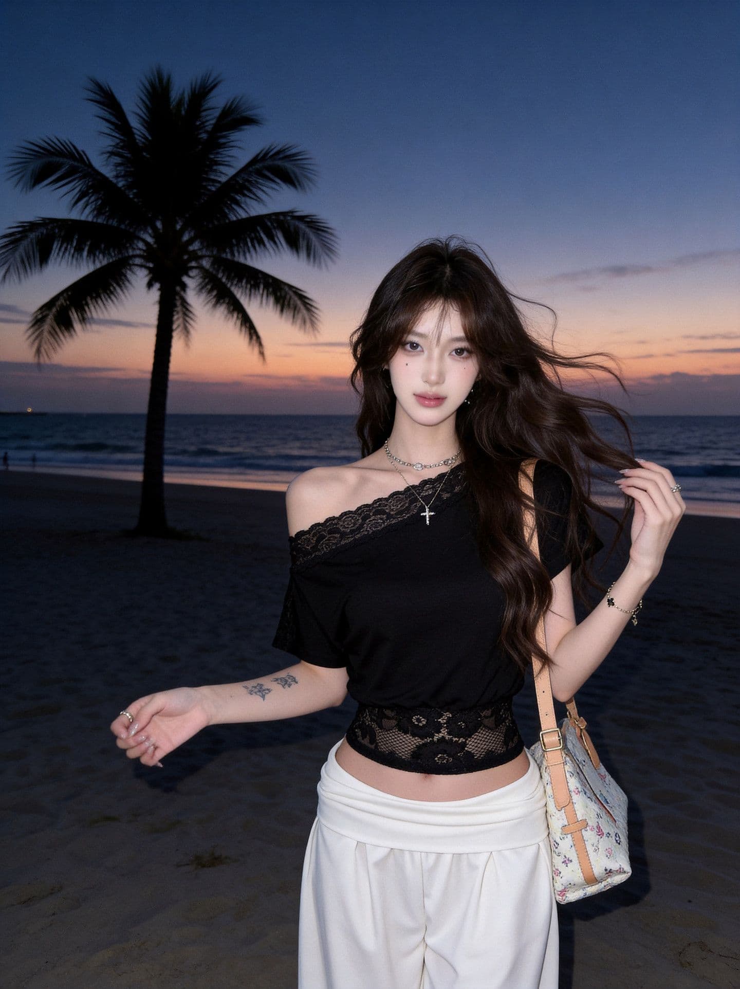 순수한 욕망 바람 레이스 조각 비스듬한 어깨 허리 수축 반팔 티셔츠 맨위 여성 여름 조수 브랜드 여성 의류 상세 이미지 6