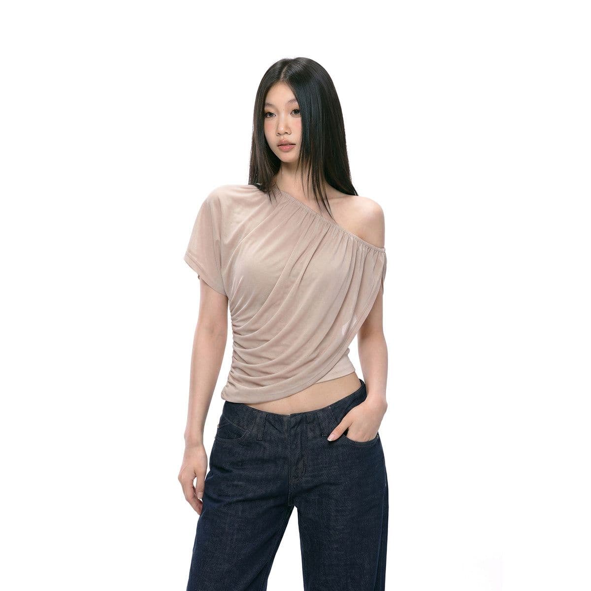 비스듬한 어깨 의류 섹시함 오프숄더 핫걸 순수한 욕망 여름 슬림해 보이는 반팔 여성 티셔츠
