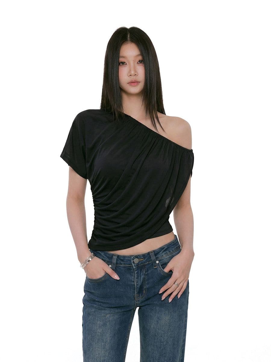 비스듬한 어깨 의류 섹시함 오프숄더 핫걸 순수한 욕망 여름 슬림해 보이는 반팔 여성 티셔츠 상세 이미지 1