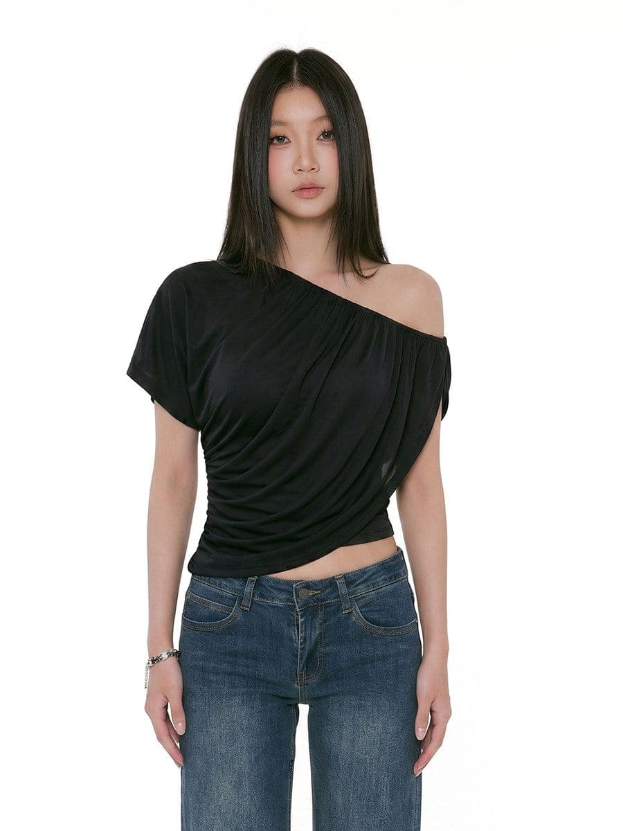 비스듬한 어깨 의류 섹시함 오프숄더 핫걸 순수한 욕망 여름 슬림해 보이는 반팔 여성 티셔츠 상세 이미지 3