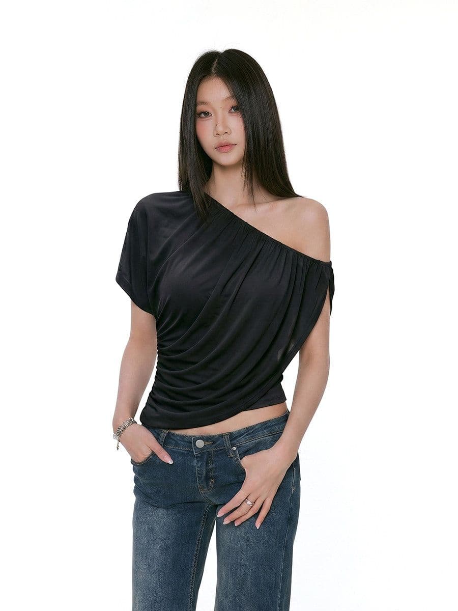 비스듬한 어깨 의류 섹시함 오프숄더 핫걸 순수한 욕망 여름 슬림해 보이는 반팔 여성 티셔츠 상세 이미지 4