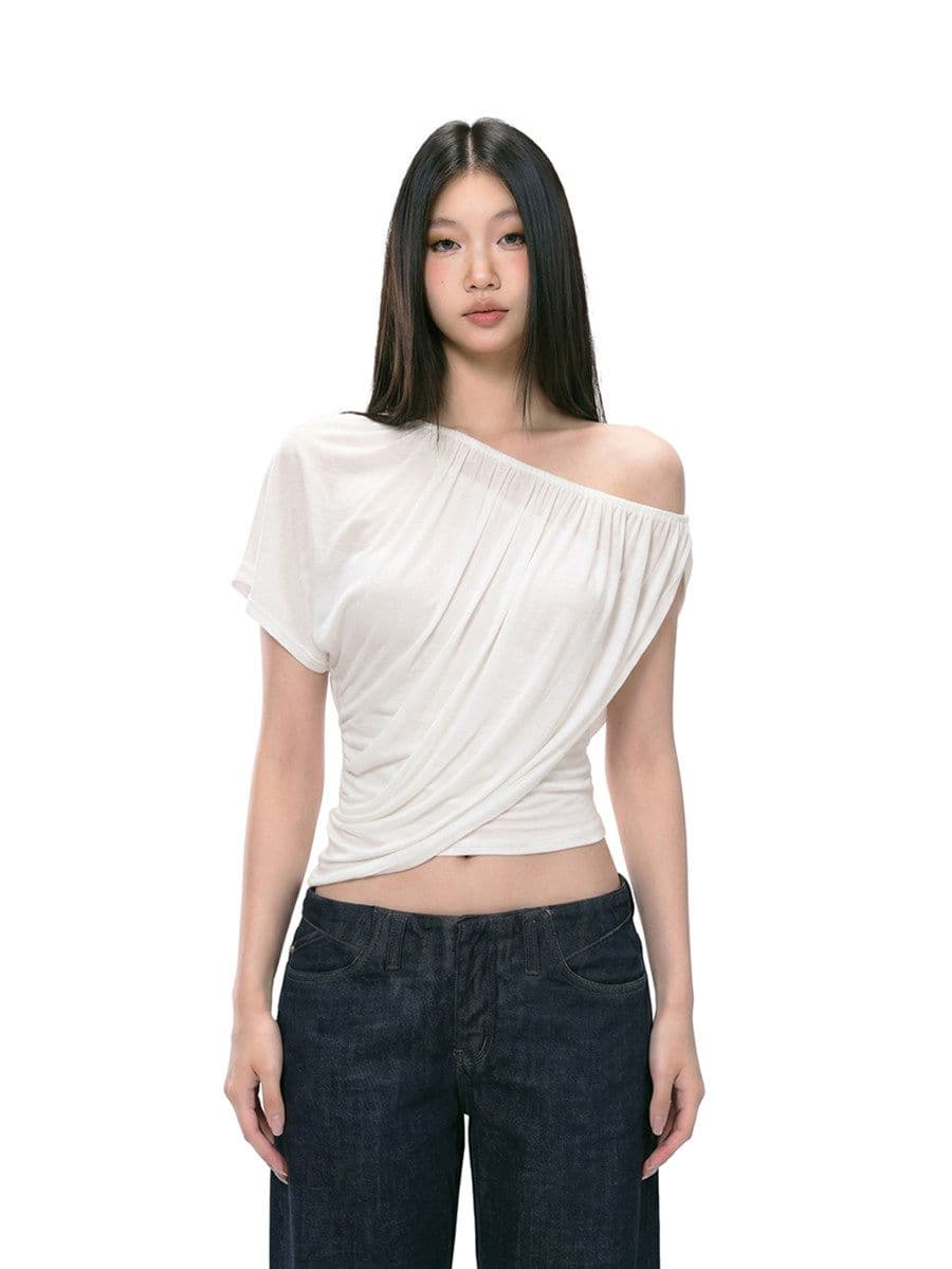 비스듬한 어깨 의류 섹시함 오프숄더 핫걸 순수한 욕망 여름 슬림해 보이는 반팔 여성 티셔츠 상세 이미지 6