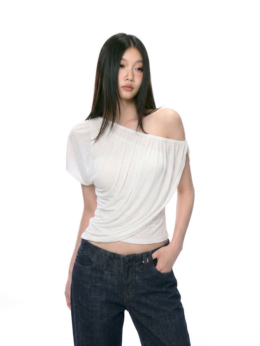 비스듬한 어깨 의류 섹시함 오프숄더 핫걸 순수한 욕망 여름 슬림해 보이는 반팔 여성 티셔츠 상세 이미지 10
