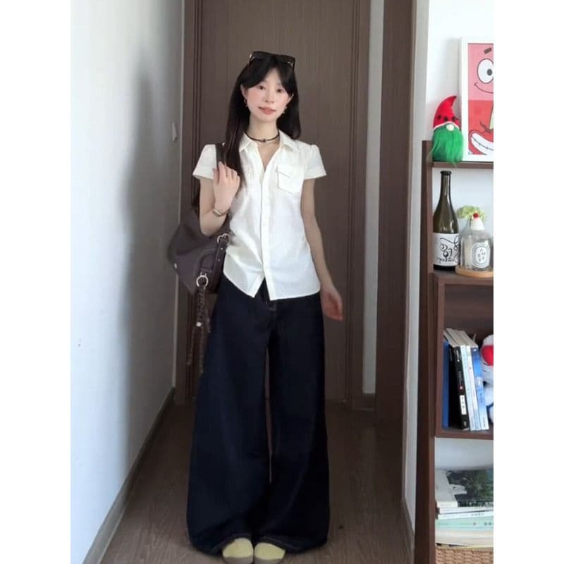 원본 자카드 스트라이프 질감 센스 쌀 화이트 반팔 여성 셔츠 여름 Chic 몸매 가꾸기 허리 수축 슬림해 보이는 맨위 이미지 4