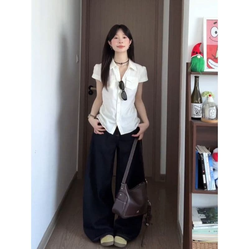 원본 자카드 스트라이프 질감 센스 쌀 화이트 반팔 여성 셔츠 여름 Chic 몸매 가꾸기 허리 수축 슬림해 보이는 맨위 이미지 3