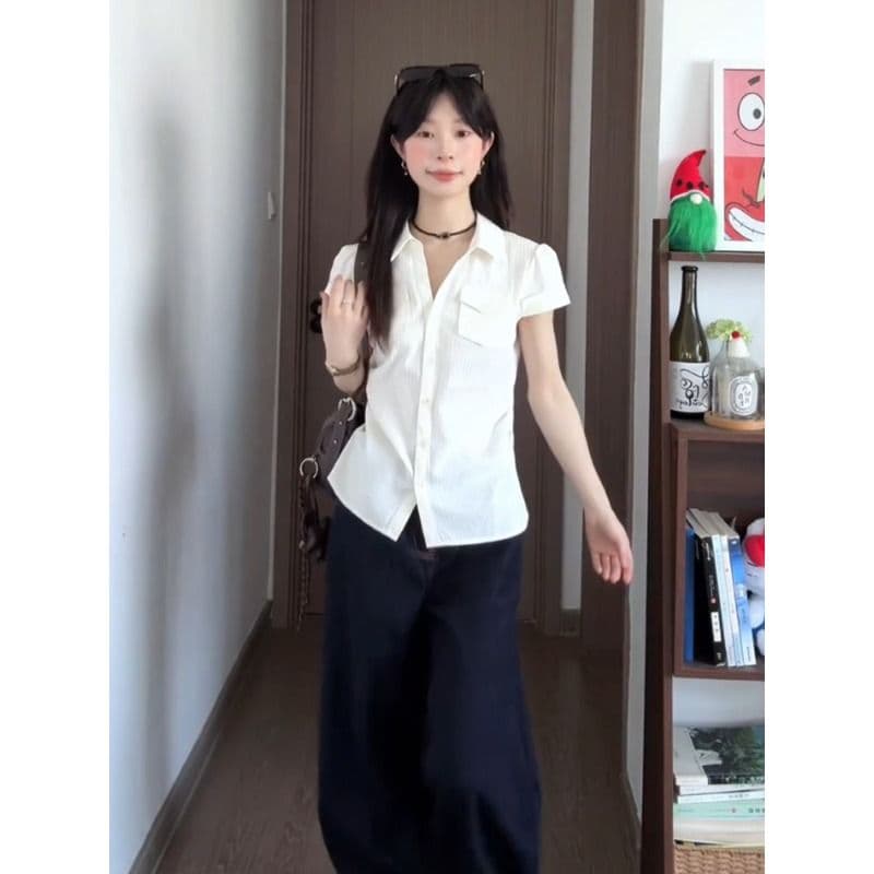 원본 자카드 스트라이프 질감 센스 쌀 화이트 반팔 여성 셔츠 여름 Chic 몸매 가꾸기 허리 수축 슬림해 보이는 맨위 이미지 5
