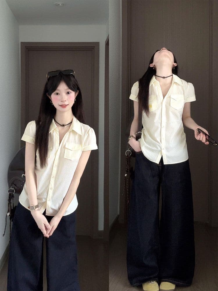원본 자카드 스트라이프 질감 센스 쌀 화이트 반팔 여성 셔츠 여름 Chic 몸매 가꾸기 허리 수축 슬림해 보이는 맨위 상세 이미지 1