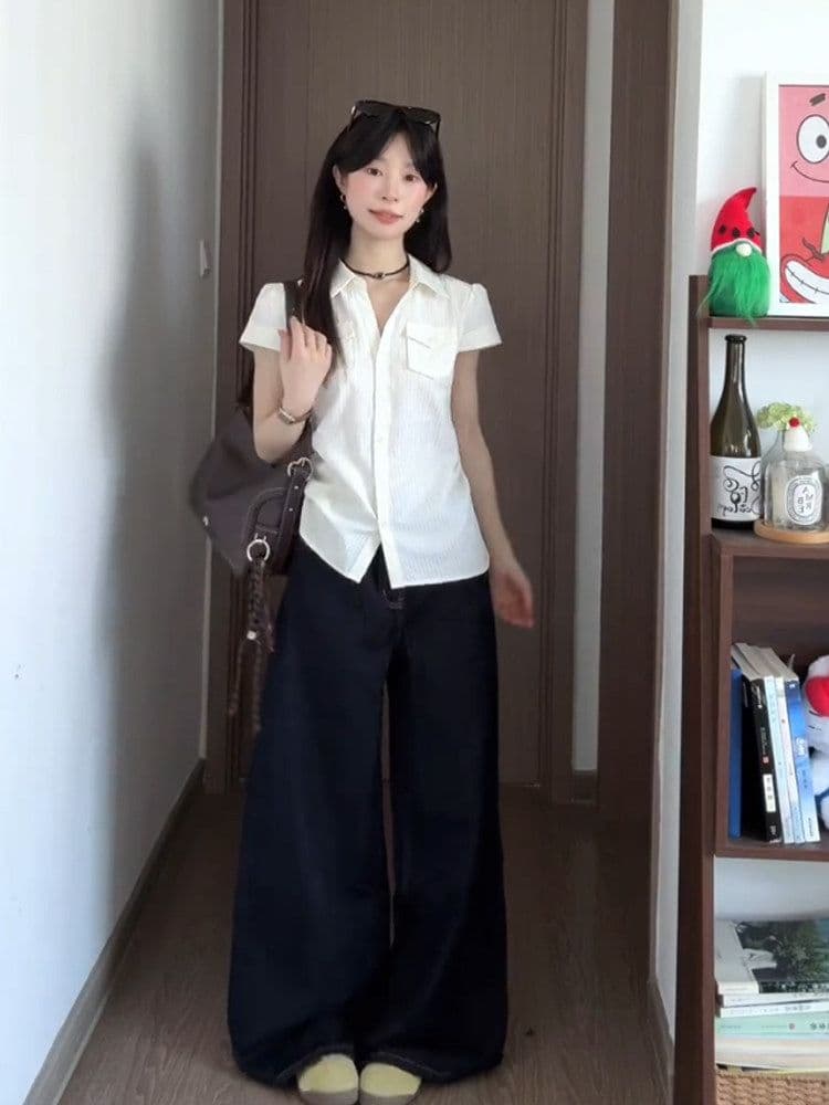 원본 자카드 스트라이프 질감 센스 쌀 화이트 반팔 여성 셔츠 여름 Chic 몸매 가꾸기 허리 수축 슬림해 보이는 맨위 상세 이미지 2