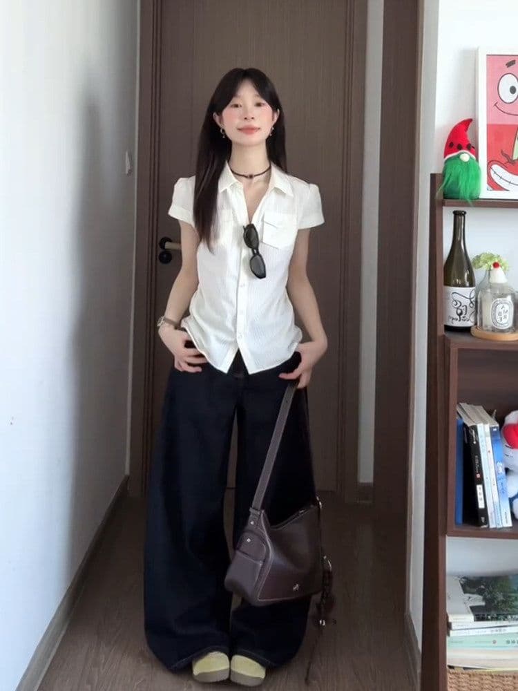 원본 자카드 스트라이프 질감 센스 쌀 화이트 반팔 여성 셔츠 여름 Chic 몸매 가꾸기 허리 수축 슬림해 보이는 맨위 상세 이미지 3