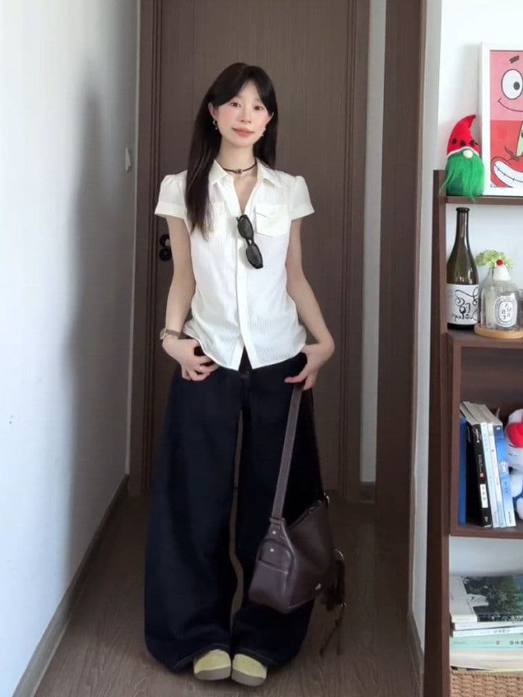 원본 자카드 스트라이프 질감 센스 쌀 화이트 반팔 여성 셔츠 여름 Chic 몸매 가꾸기 허리 수축 슬림해 보이는 맨위 상세 이미지 4