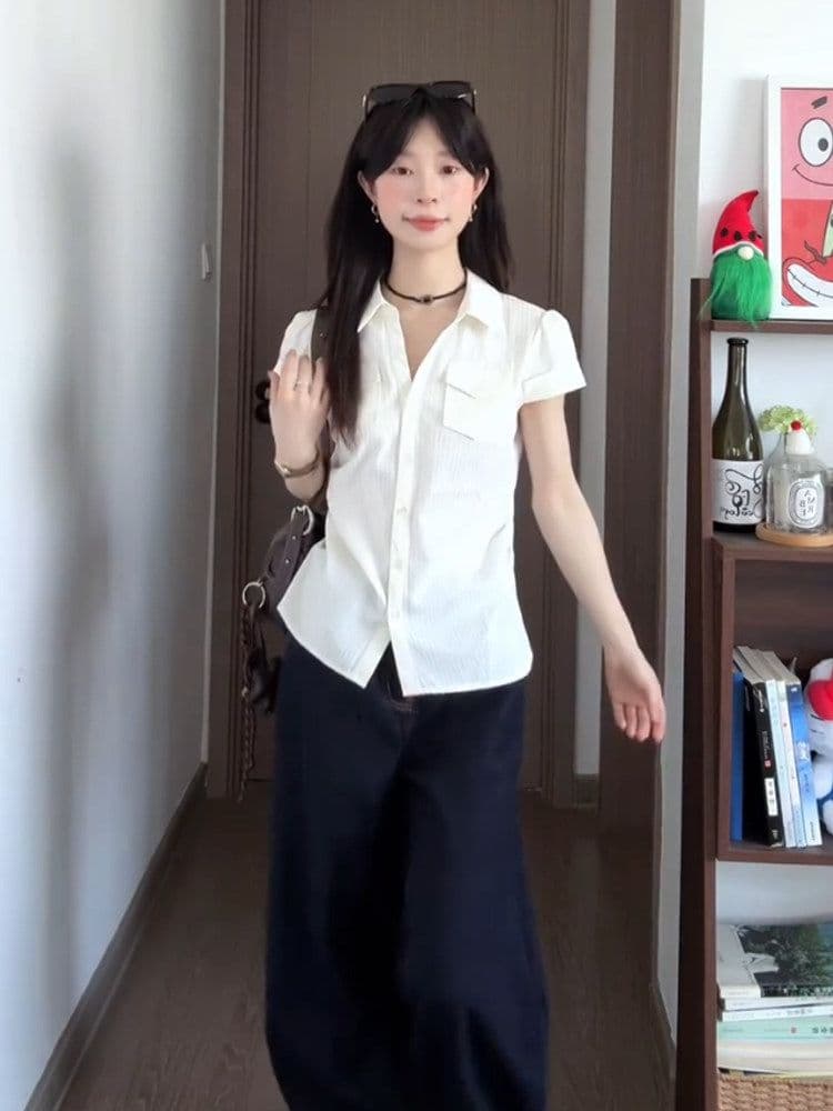 원본 자카드 스트라이프 질감 센스 쌀 화이트 반팔 여성 셔츠 여름 Chic 몸매 가꾸기 허리 수축 슬림해 보이는 맨위 상세 이미지 5