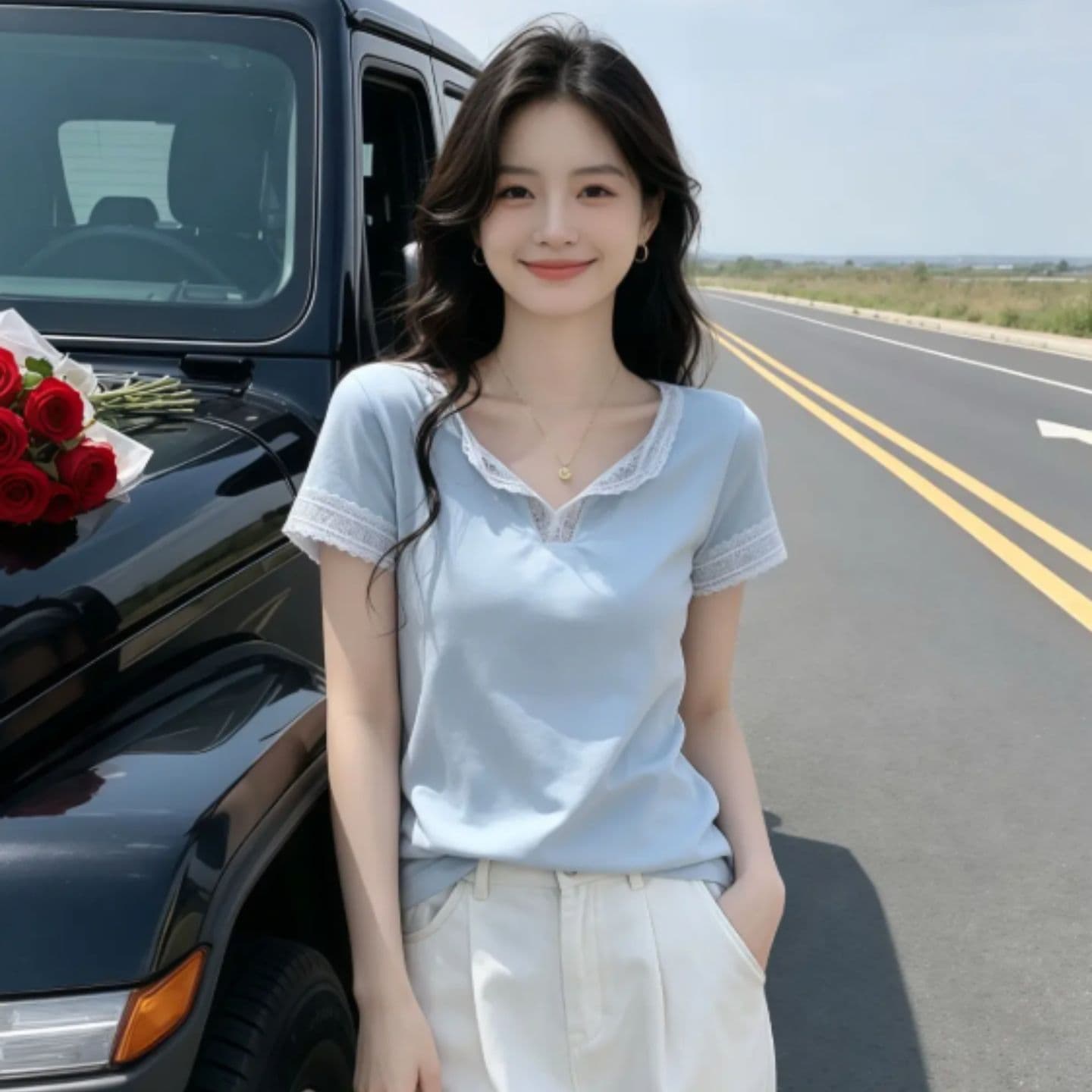 다용도 반팔 티셔츠 여성 여름 새로운 프랑스식 캐주얼 레이스 조각 V넥 티셔츠 맨위