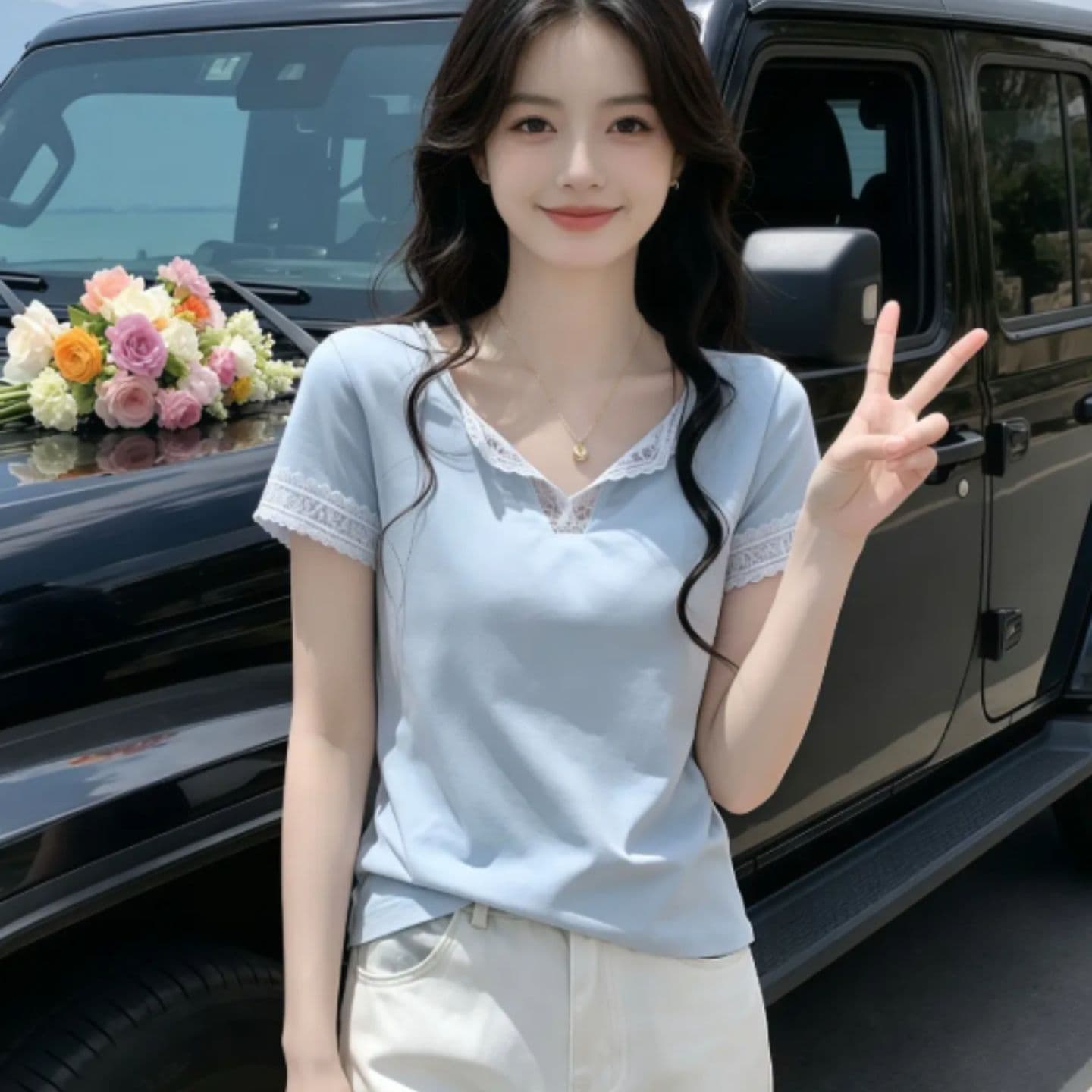 다용도 반팔 티셔츠 여성 여름 새로운 프랑스식 캐주얼 레이스 조각 V넥 티셔츠 맨위 이미지 5
