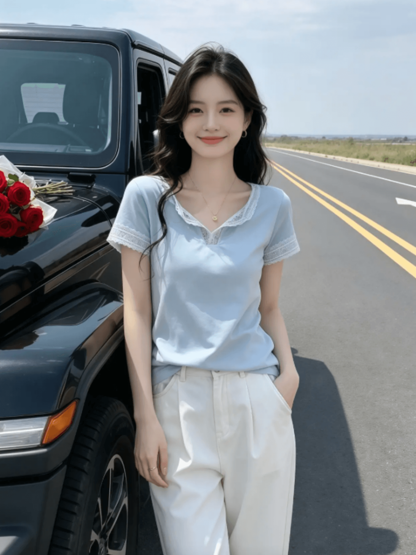 다용도 반팔 티셔츠 여성 여름 새로운 프랑스식 캐주얼 레이스 조각 V넥 티셔츠 맨위 상세 이미지 1