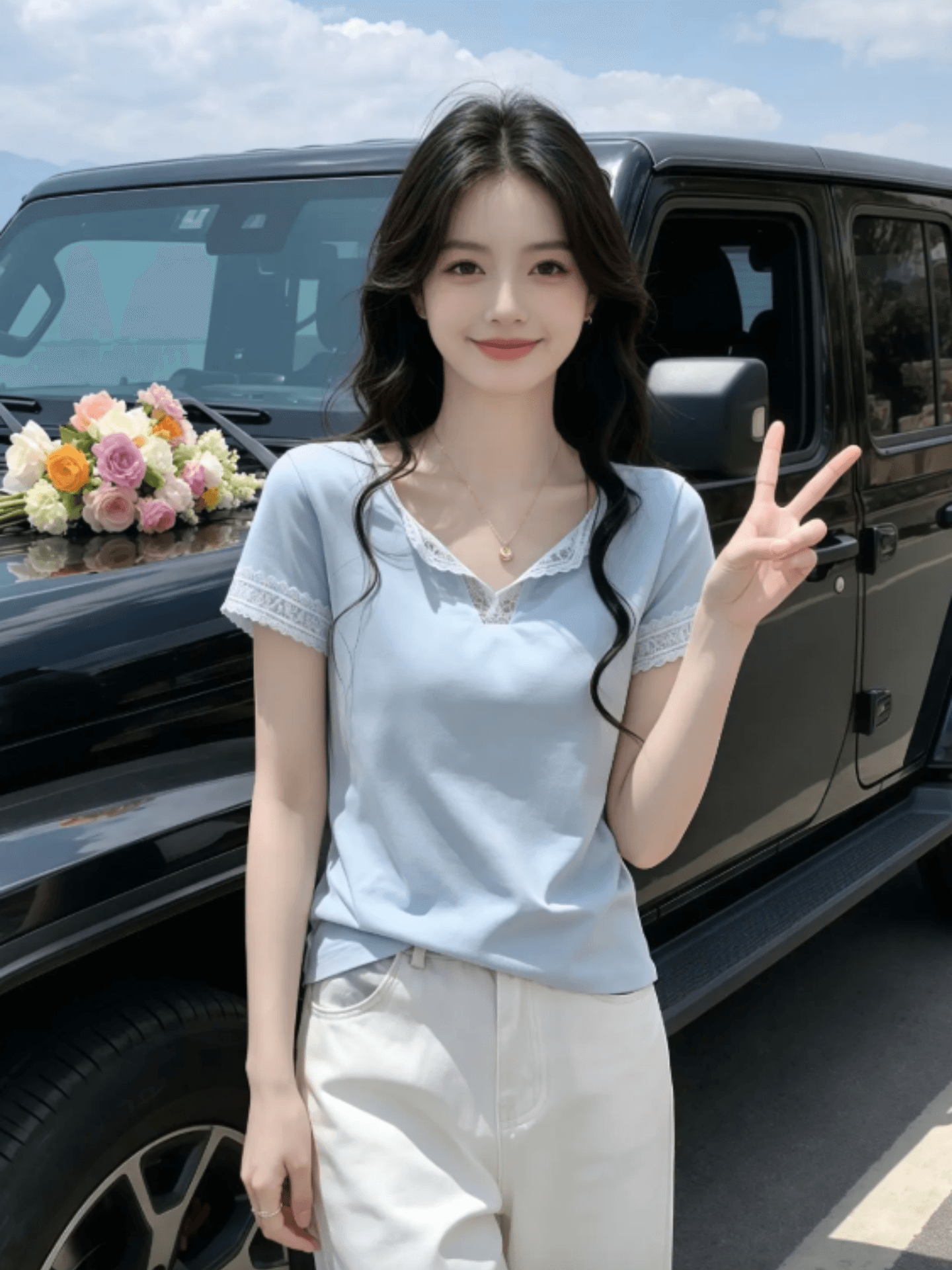 다용도 반팔 티셔츠 여성 여름 새로운 프랑스식 캐주얼 레이스 조각 V넥 티셔츠 맨위 상세 이미지 8