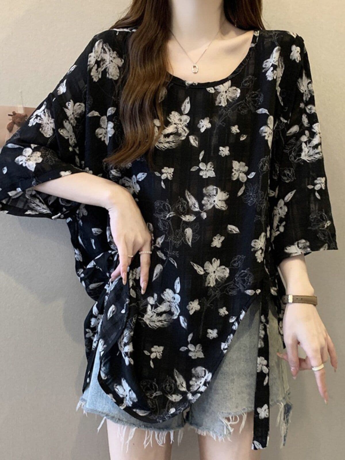 프랑스식 달콤한 스타일 불규칙 꽃무늬 쉬폰 티셔츠 여성 빅 사이즈 루즈핏 표지 배 반팔 맨위 상세 이미지 1