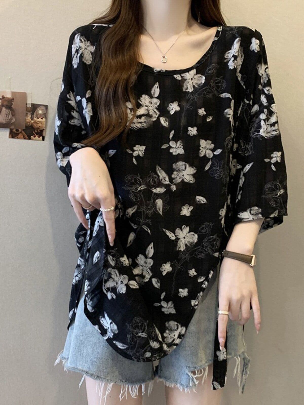 프랑스식 달콤한 스타일 불규칙 꽃무늬 쉬폰 티셔츠 여성 빅 사이즈 루즈핏 표지 배 반팔 맨위 상세 이미지 4