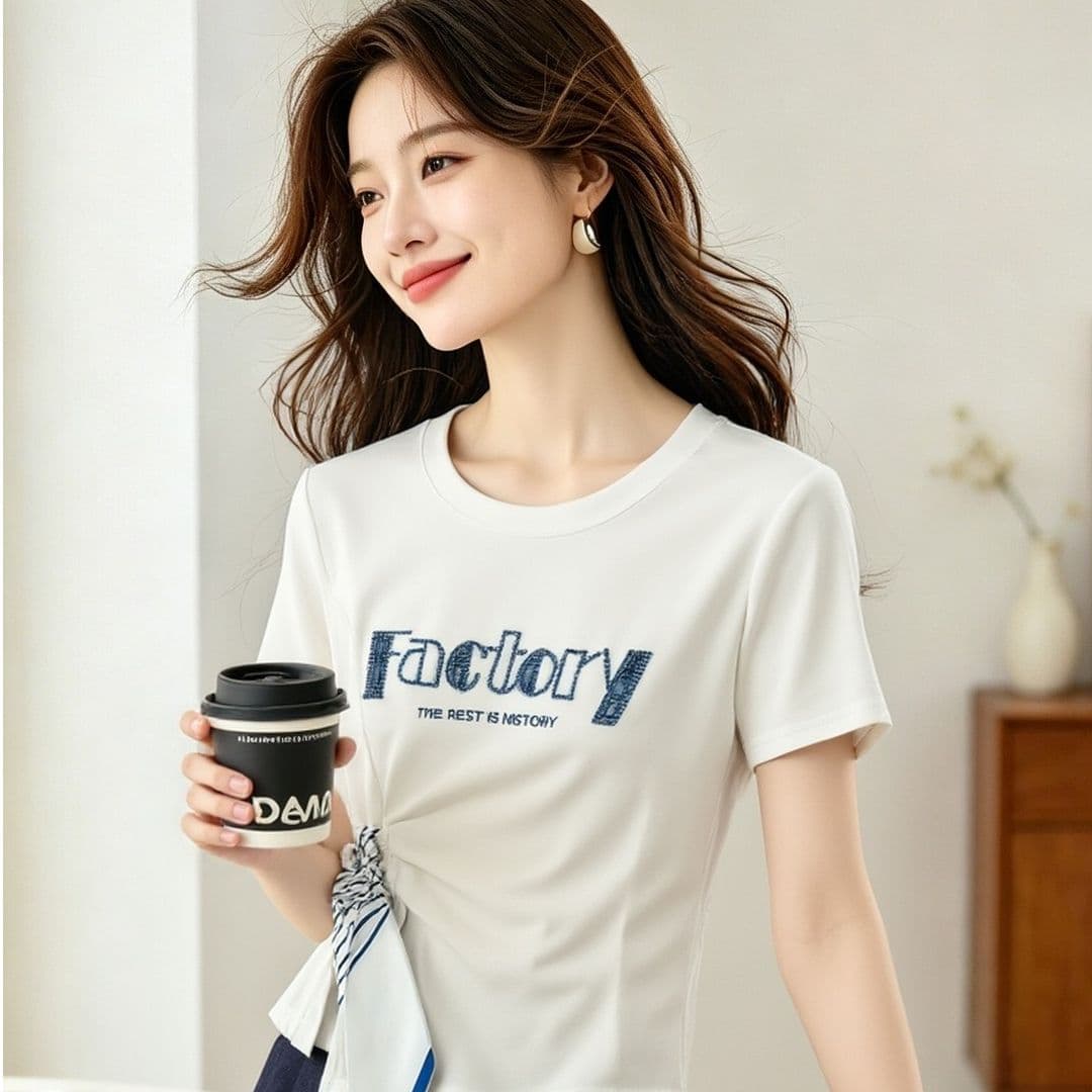 차가운 실크 차가운 면 리브 불규칙 레이스업 나비 매듭 반팔 티셔츠 여성 여름 26 새로운 허리 수축 쇼트 스타일 맨위
