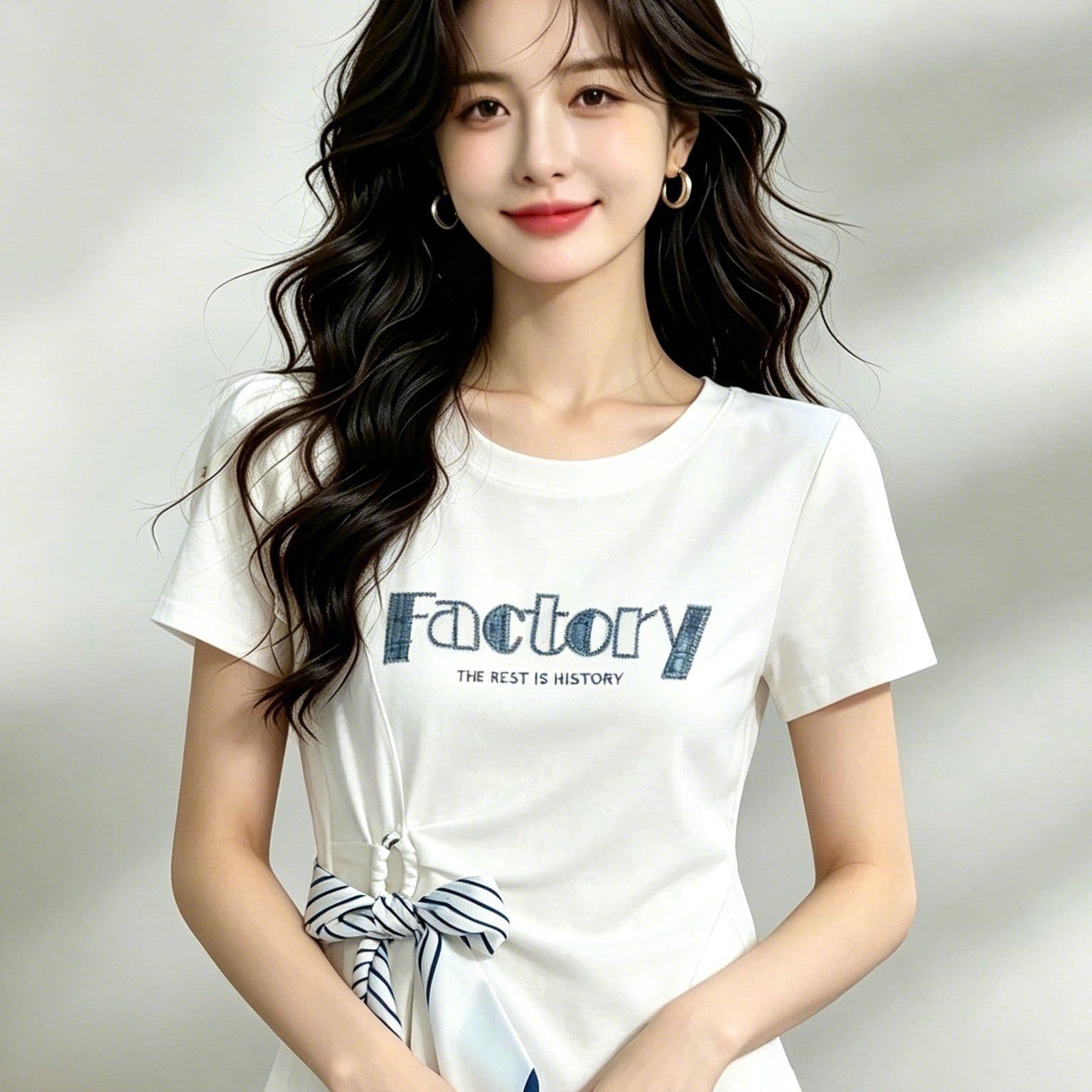 차가운 실크 차가운 면 리브 불규칙 레이스업 나비 매듭 반팔 티셔츠 여성 여름 26 새로운 허리 수축 쇼트 스타일 맨위 이미지 5