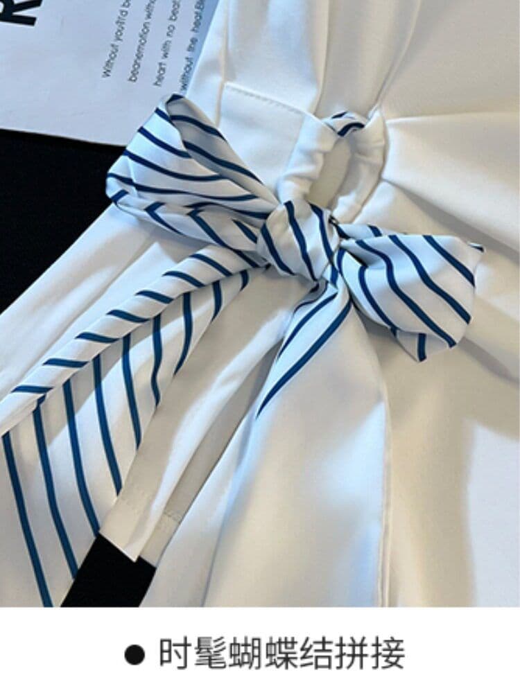 차가운 실크 차가운 면 리브 불규칙 레이스업 나비 매듭 반팔 티셔츠 여성 여름 26 새로운 허리 수축 쇼트 스타일 맨위 상세 이미지 7