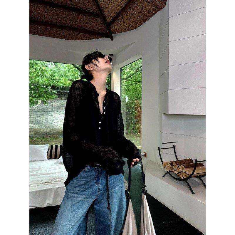 눈꽃 면 분위기 센스 착용 가져 가라. 반 개방 칼라 여성 조기 여름 외부 가져 가라. 느긋한 바람 한 부서 루즈핏 맨위 이미지 2