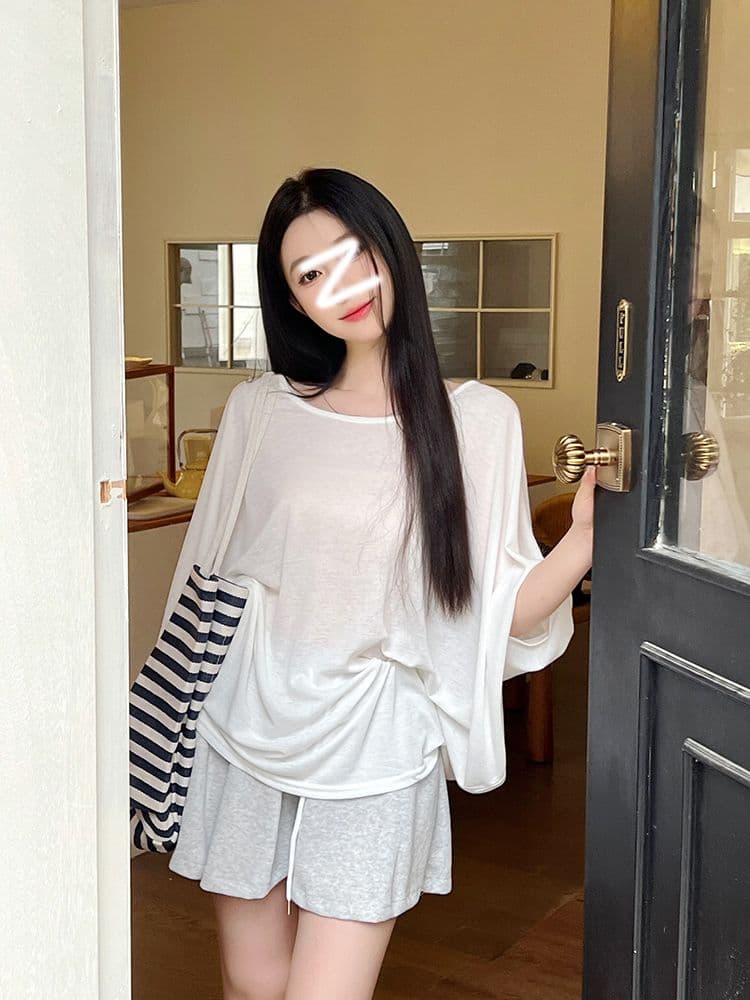 모달 사람들 면 200그램 원본 대 핏 스타일 홀로우 아웃 레이스 여름 자외선 차단 블라우스 루즈핏 배트윙 소매 이미지 2
