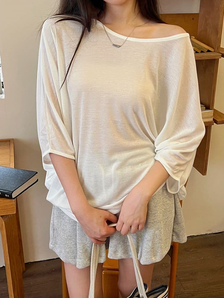 모달 사람들 면 200그램 원본 대 핏 스타일 홀로우 아웃 레이스 여름 자외선 차단 블라우스 루즈핏 배트윙 소매 상세 이미지 3