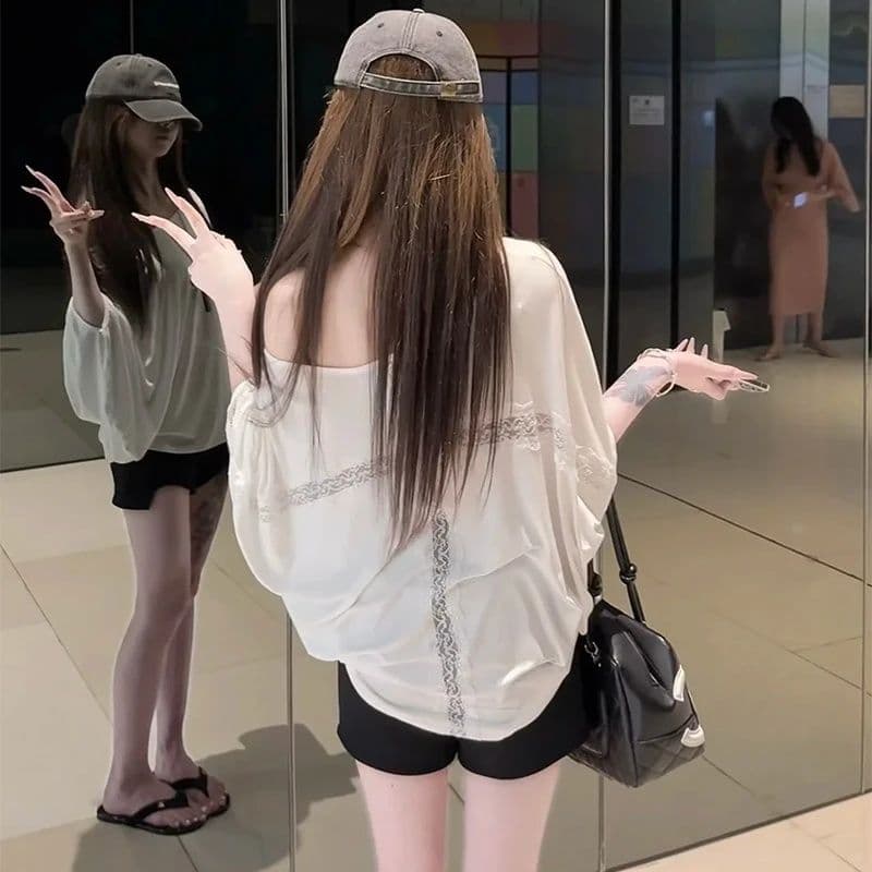 모달 사람들 면 200그램 원본 대 핏 스타일 홀로우 아웃 레이스 여름 자외선 차단 블라우스 루즈핏 배트윙 소매 상세 이미지 7