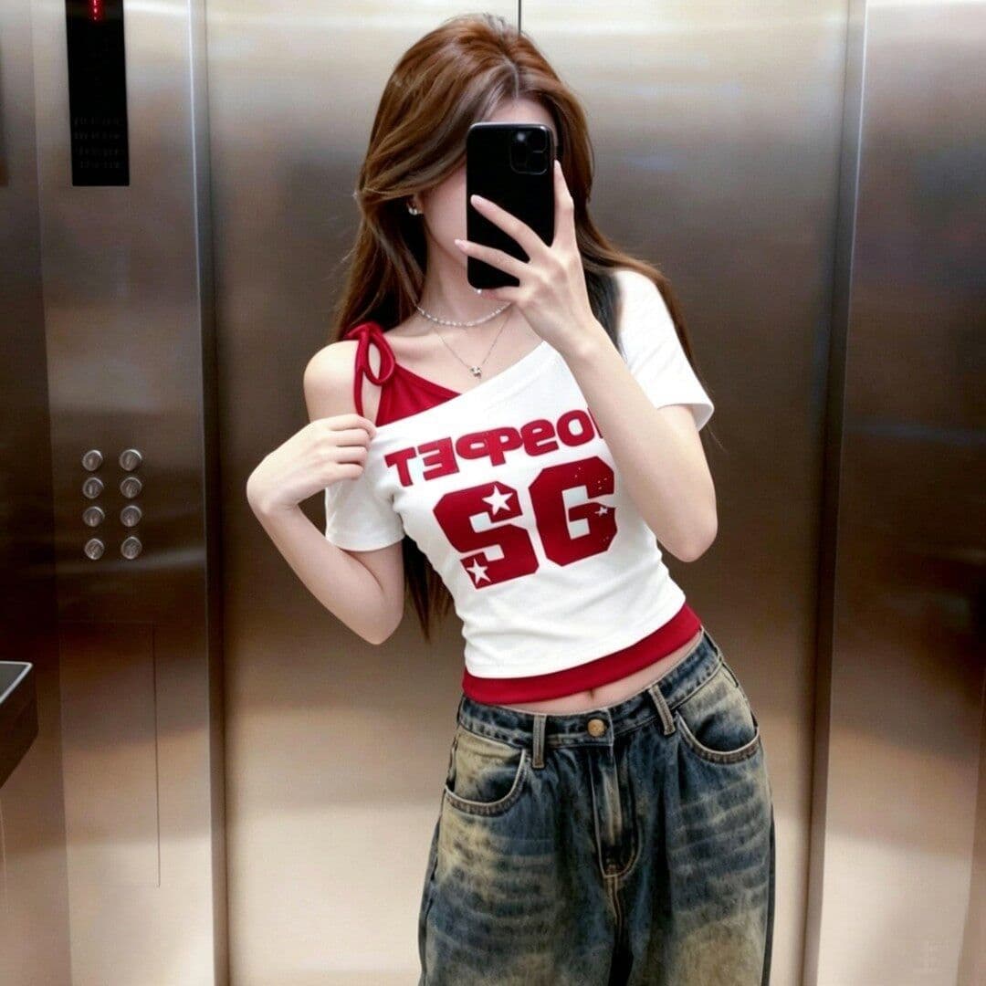 40 차가운 실크 코튼 프린트 몸매 가꾸기 비스듬한 어깨 페이크 레이어드 배색 티셔츠 여성 아메리칸 오프숄더 반팔 맨위 상세 이미지 1
