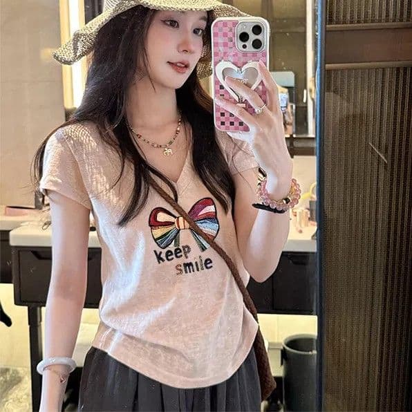 원본 원단 이후 패키지 칼라 한 부서 고양이 알파벳 프린트 V넥 티셔츠 여성 여름 통기성 다용도 반팔 맨위