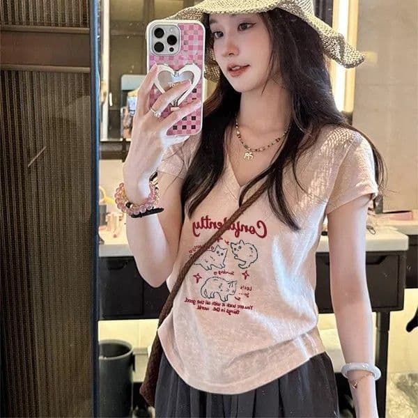 원본 원단 이후 패키지 칼라 한 부서 고양이 알파벳 프린트 V넥 티셔츠 여성 여름 통기성 다용도 반팔 맨위 이미지 3